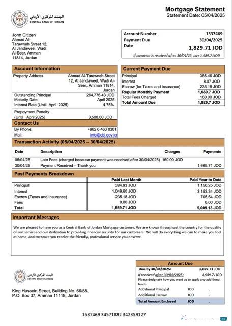 Download Jordan Central Bank of Jordan mortgage statement Word and PDF template Photoshop template